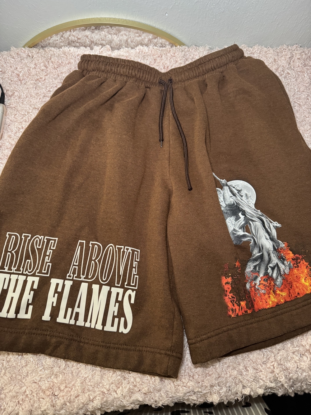 Brown Graphic Cargo Men’s Shorts with 'Rise Above The Flames' Print